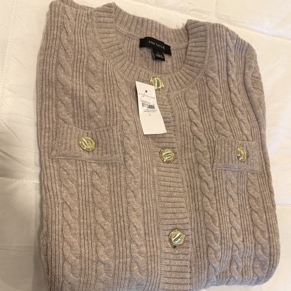 Ann Taylor Long Cable Knit Cardigan Button Down Vintage Taupe Melange NWT SMALL - Picture 2 of 9